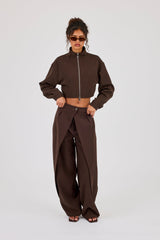 Woven Seam Detail Jacket & Double Pleat Barrel Leg Trouser - Chocolate