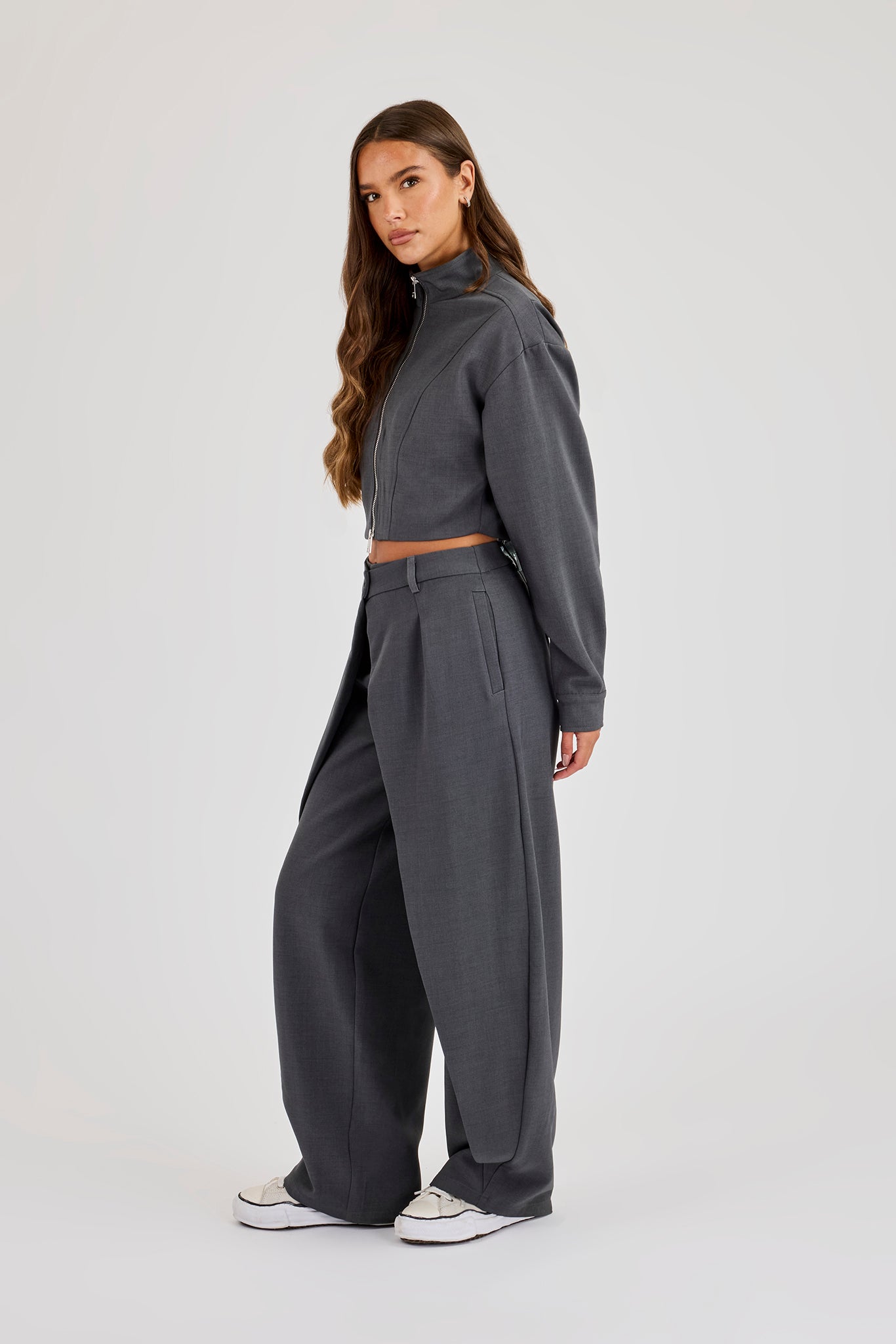 Woven Seam Detail Jacket & Double Pleat Barrel Leg Trouser - Charcoal