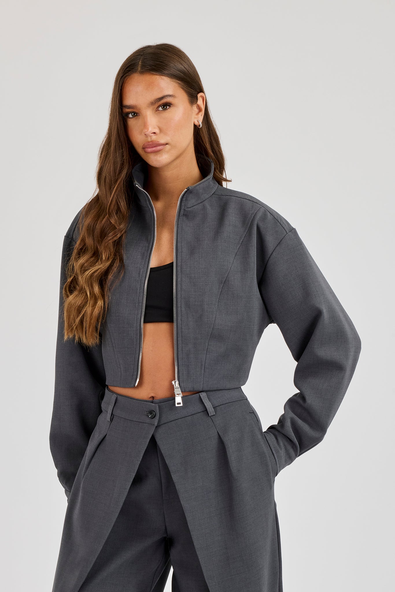 Woven Seam Detail Jacket - Charcoal