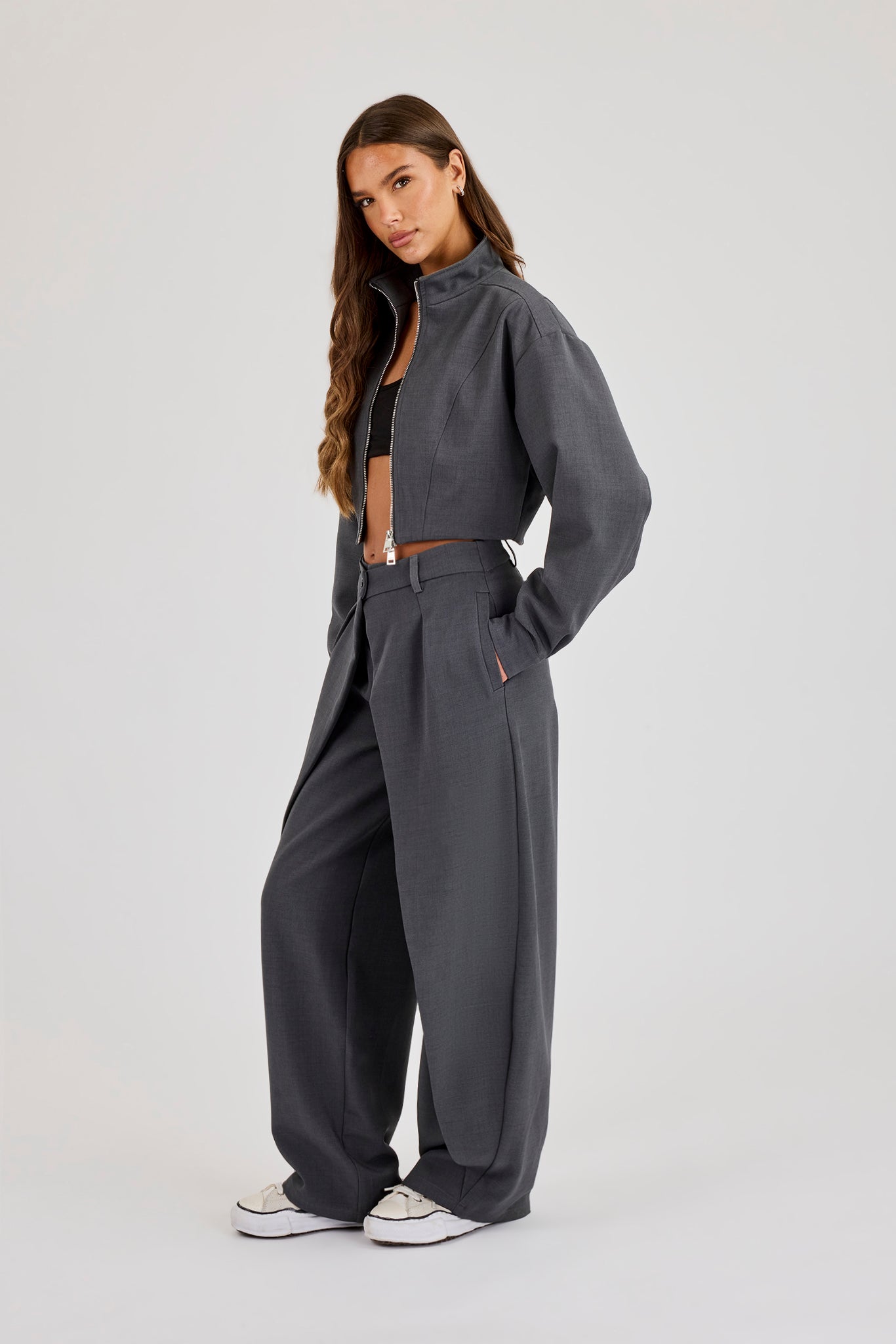 Woven Seam Detail Jacket & Double Pleat Barrel Leg Trouser - Charcoal