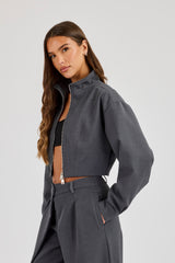 Woven Seam Detail Jacket - Charcoal