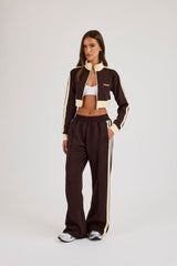 Super Crop Funnel Neck Taping Track Top & Wide Leg Track Pant - Chocolate