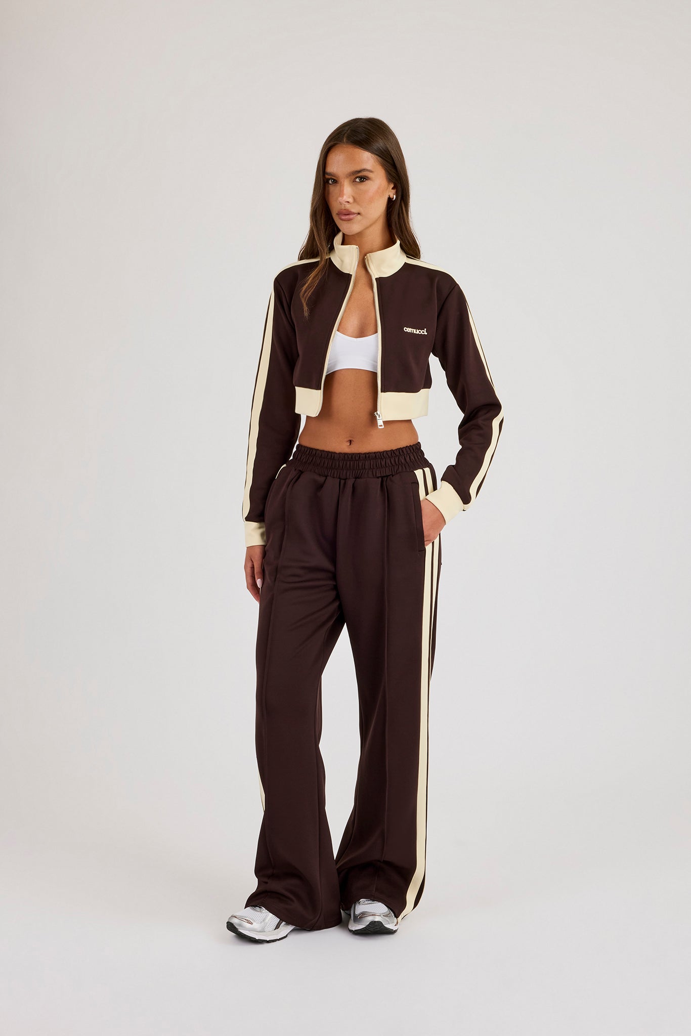 Super Crop Funnel Neck Taping Track Top - Chocolate