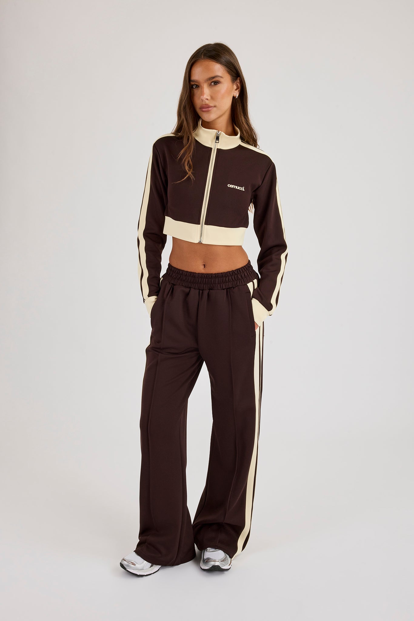 Super Crop Funnel Neck Taping Track Top & Wide Leg Track Pant - Chocolate