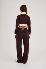 Super Crop Funnel Neck Taping Track Top & Wide Leg Track Pant - Chocolate