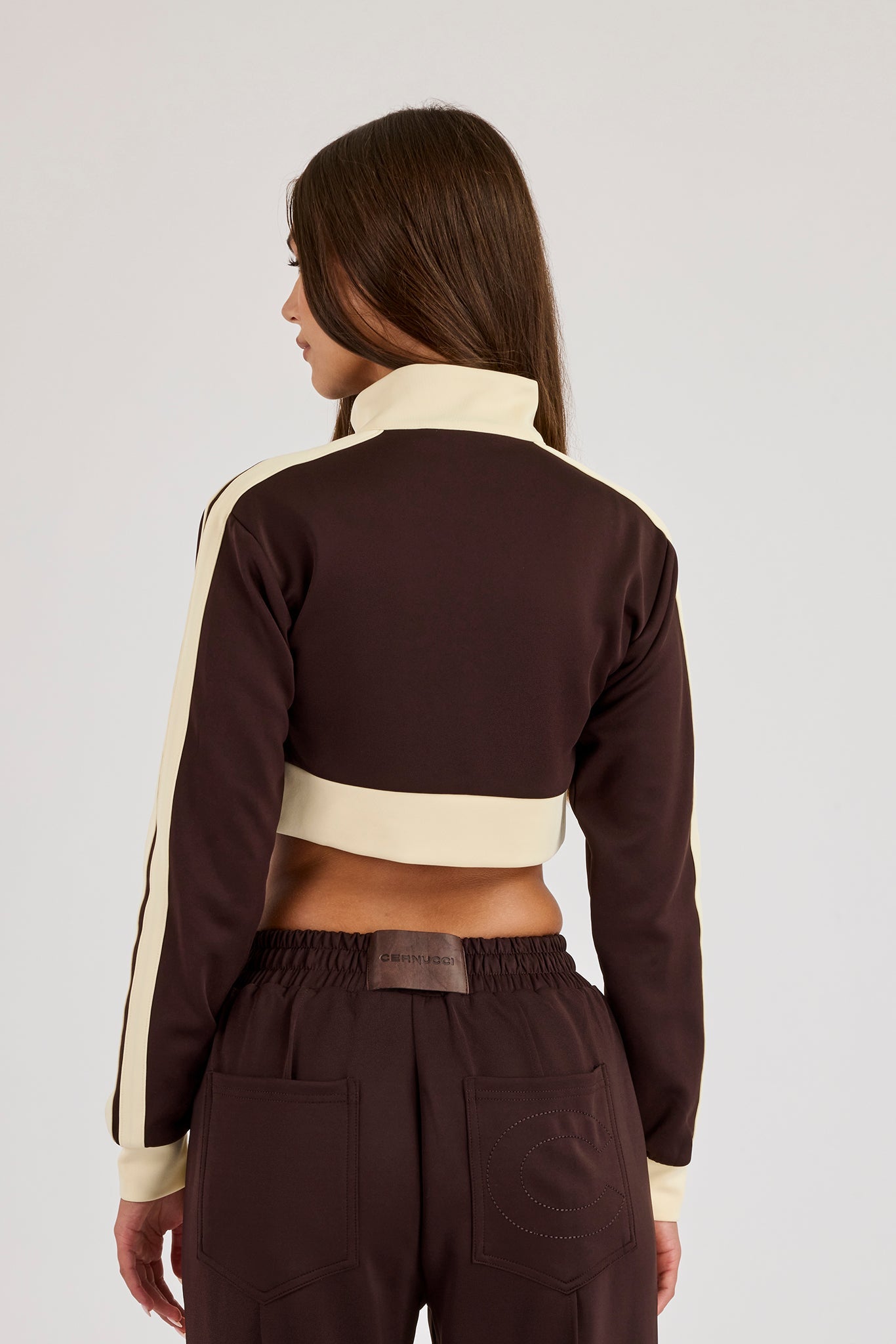 Super Crop Funnel Neck Taping Track Top - Chocolate