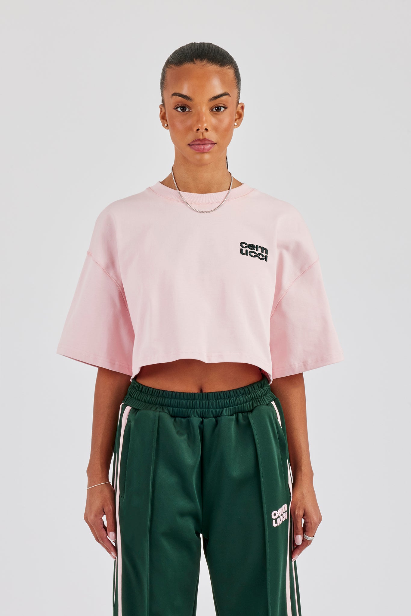 Cropped Embroidered T-Shirt - Light Pink | Womens Tees & Vests