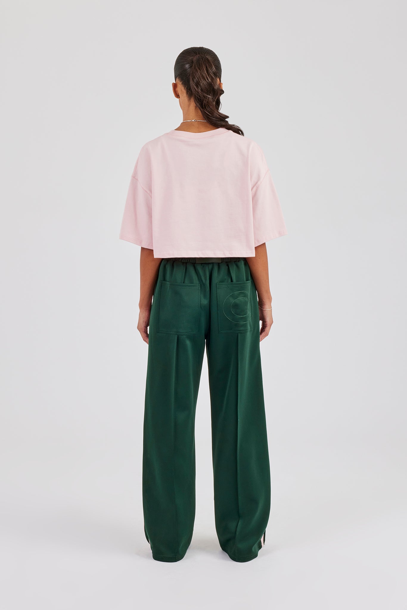 Cropped Embroidered T-Shirt & Taping Wide Leg Track Pant - Pink & Green