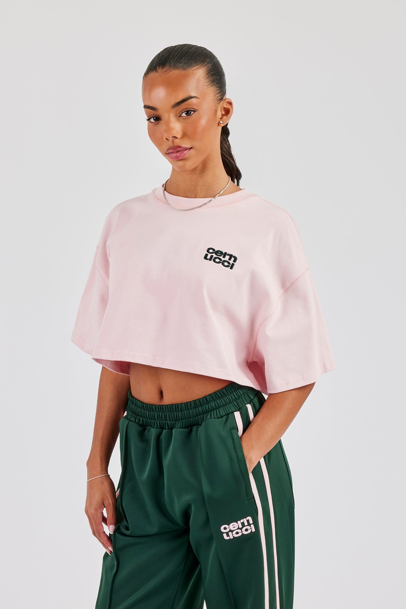 Cropped Embroidered T-Shirt - Light Pink | Womens Tees & Vests