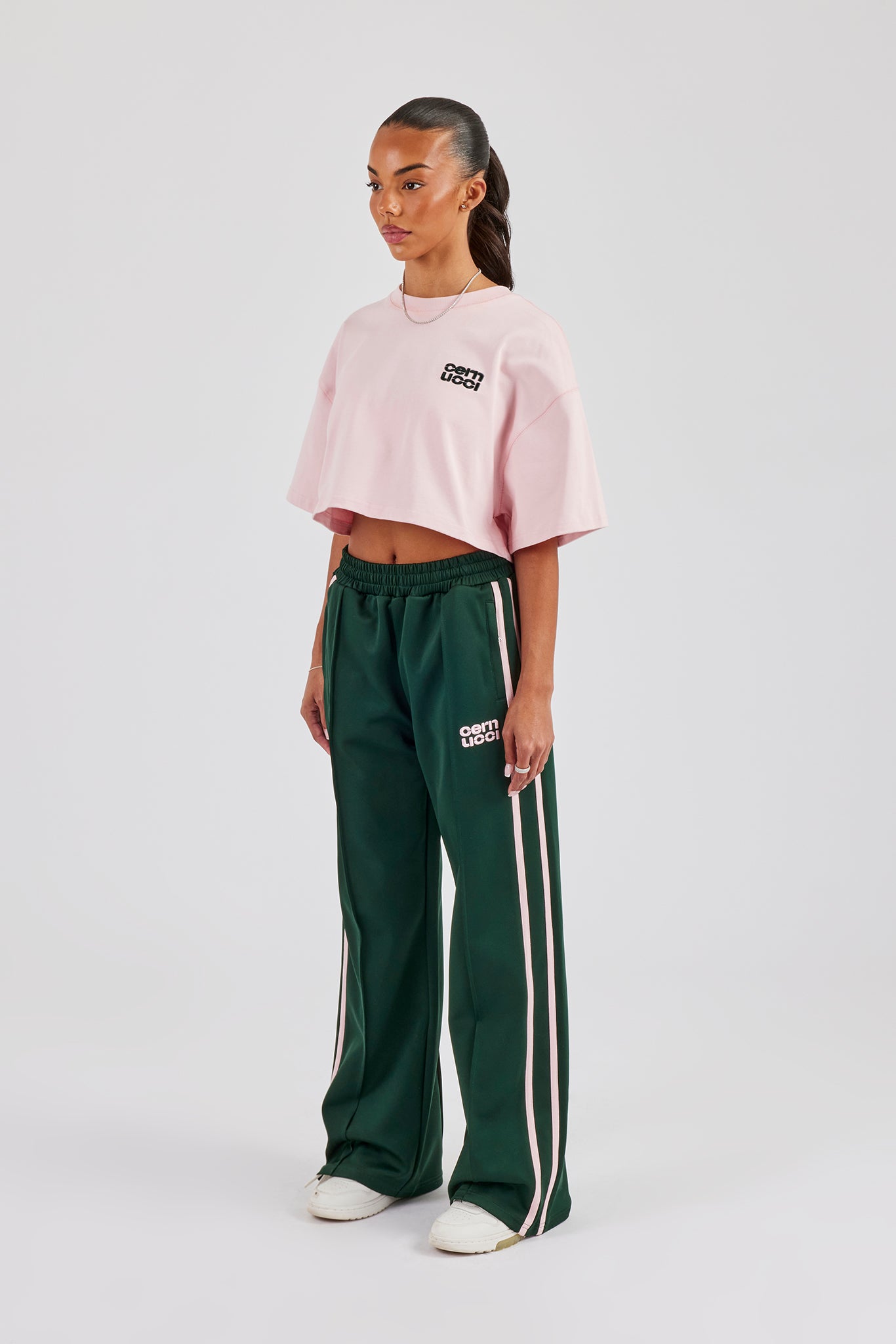 Cropped Embroidered T-Shirt & Taping Wide Leg Track Pant - Pink & Green
