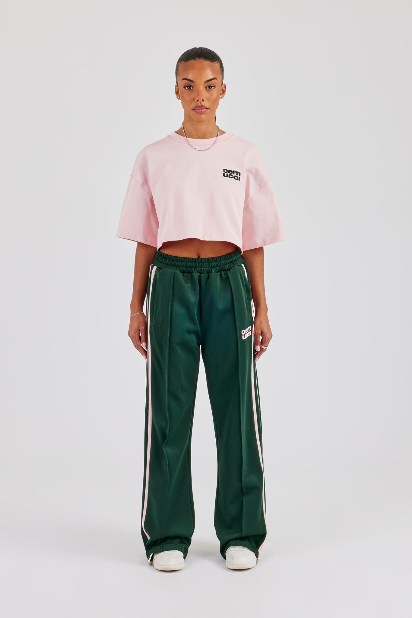 Cropped Embroidered T-Shirt & Taping Wide Leg Track Pant - Pink
