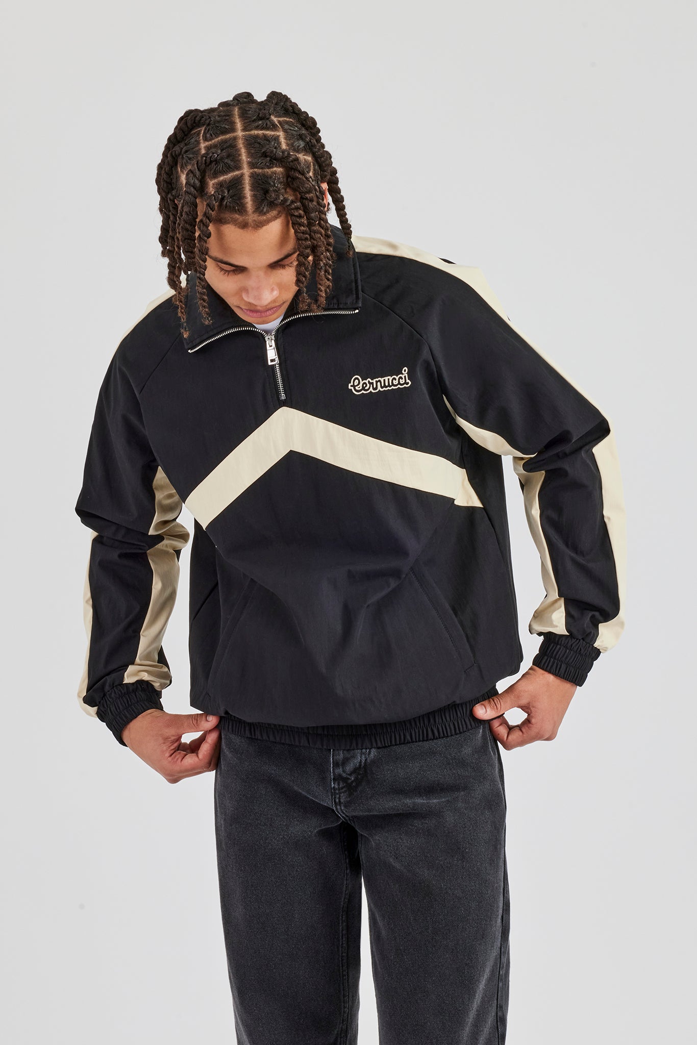 Quarter Zip Nylon Contrast Stripe Jacket - Black | Mens Outerwear