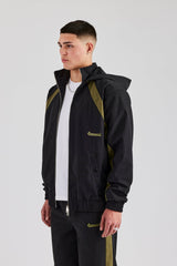 Hooded Nylon Contrast Block Jacket - Black