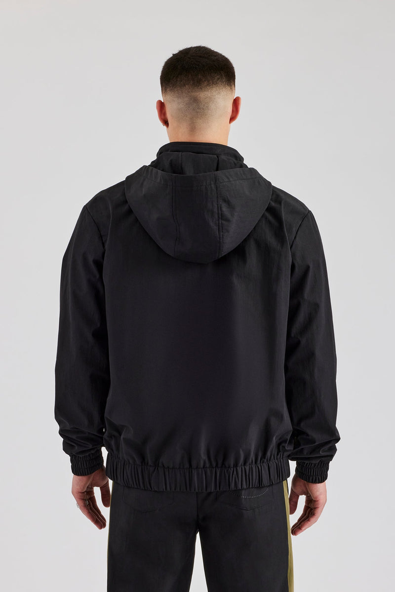 Hooded Nylon Contrast Block Jacket - Black