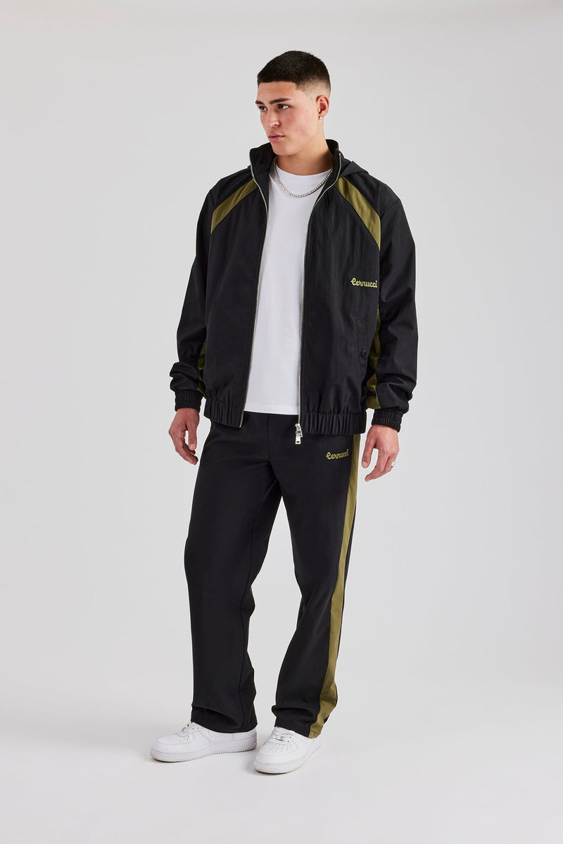 Hooded Nylon Contrast Block Jacket & Straight Leg Jogger - Black