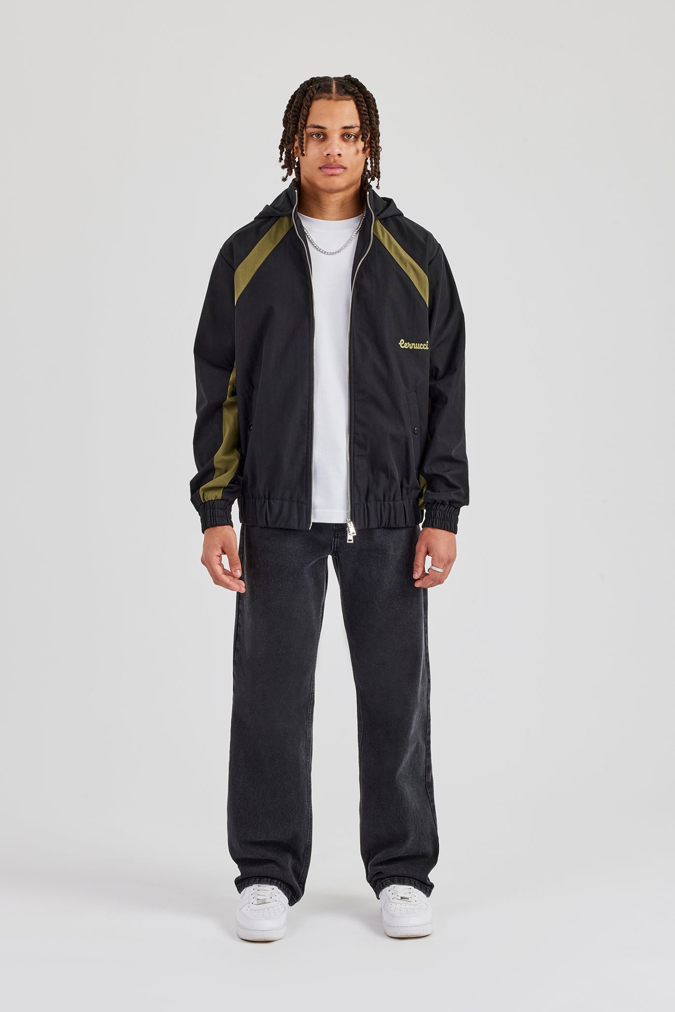 Hooded Nylon Contrast Block Jacket - Black