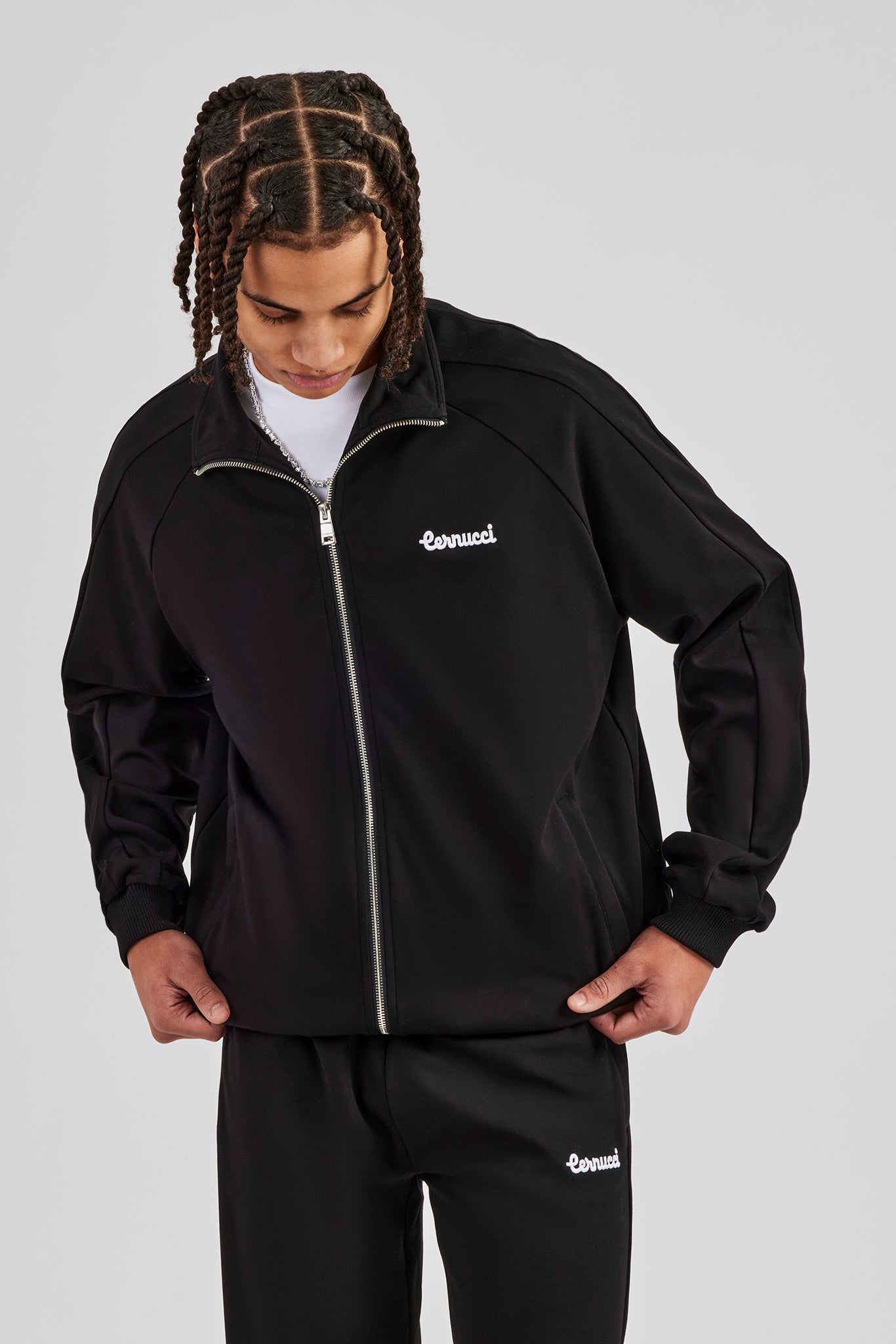 Raglan Embroidered Track Jacket - Black
