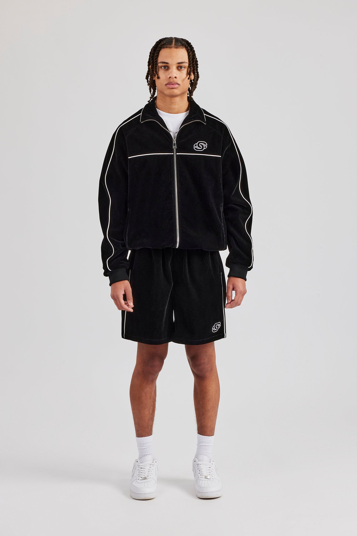 Velour Funnel Neck Piping Track Jacket & Short - Black | Mens Sets