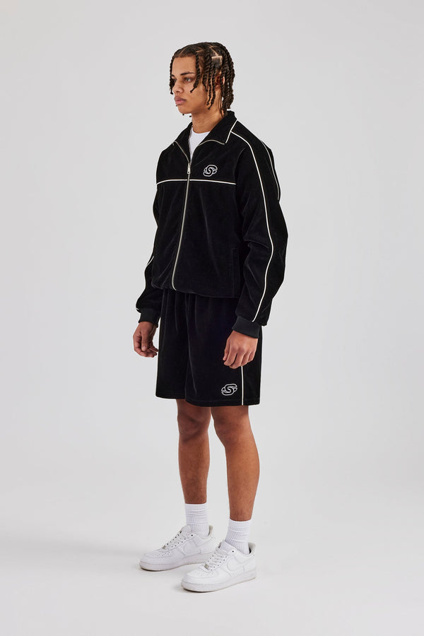 Velour Funnel Neck Piping Track Jacket & Short - Black