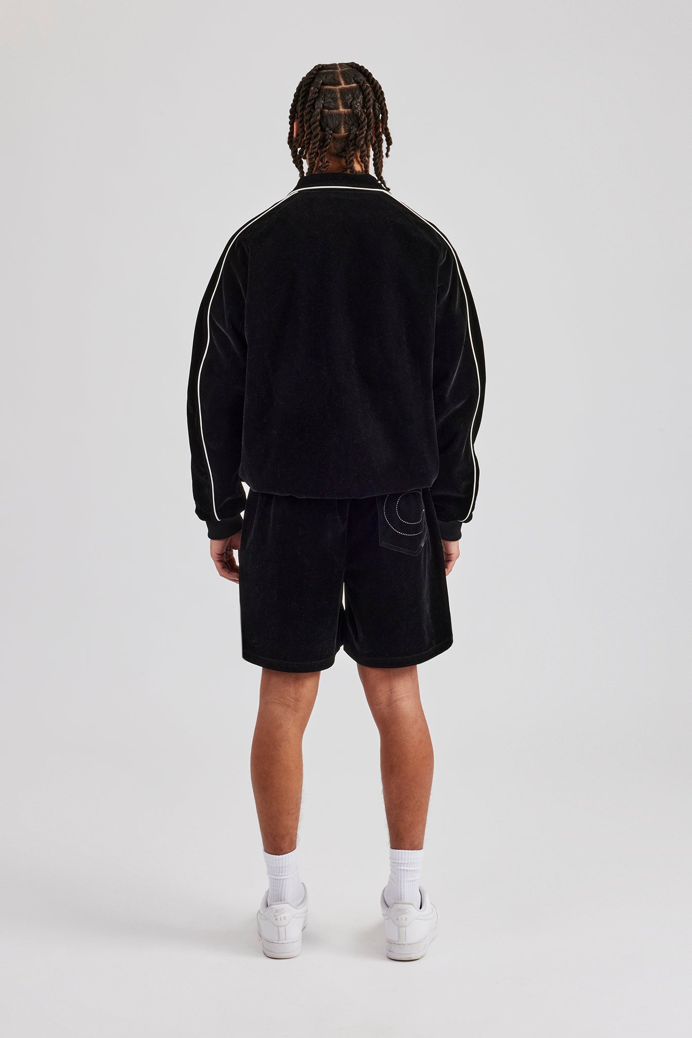Velour Funnel Neck Piping Track Jacket & Short - Black | Mens Sets