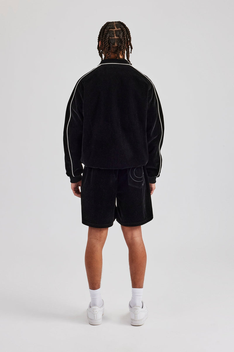 Velour Funnel Neck Piping Track Jacket & Short - Black