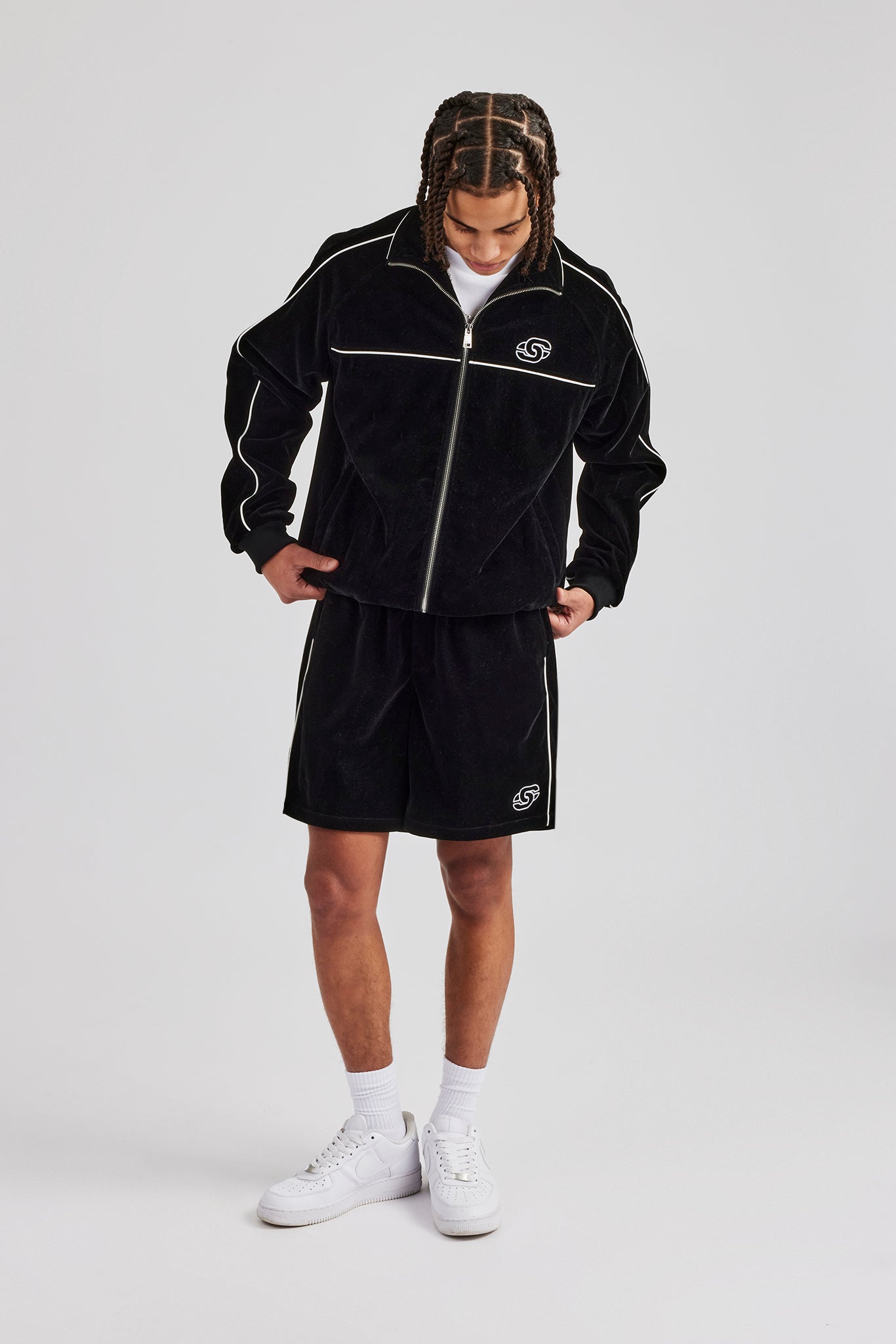 Velour Funnel Neck Piping Track Jacket & Short - Black | Mens Sets