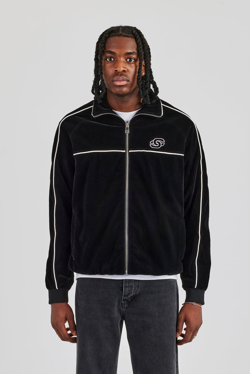 Velour Funnel Neck Piping Track Jacket - Black