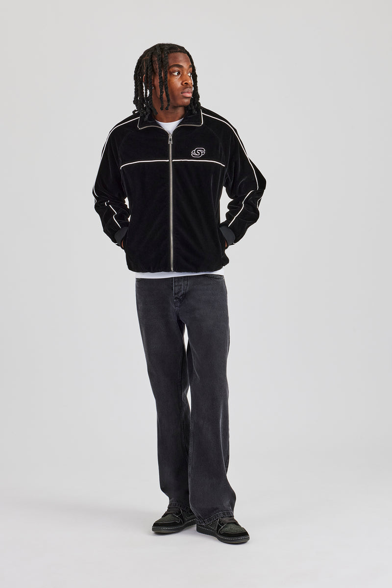 Velour Funnel Neck Piping Track Jacket - Black