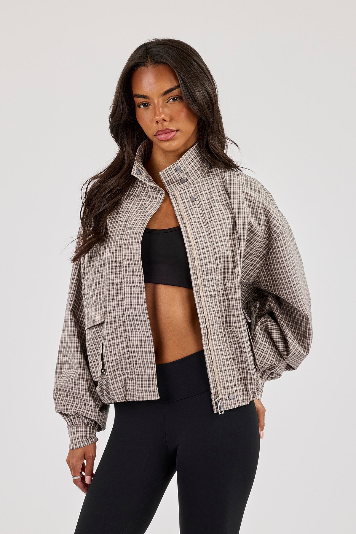 Check Nylon Funnel Neck Jacket - Beige