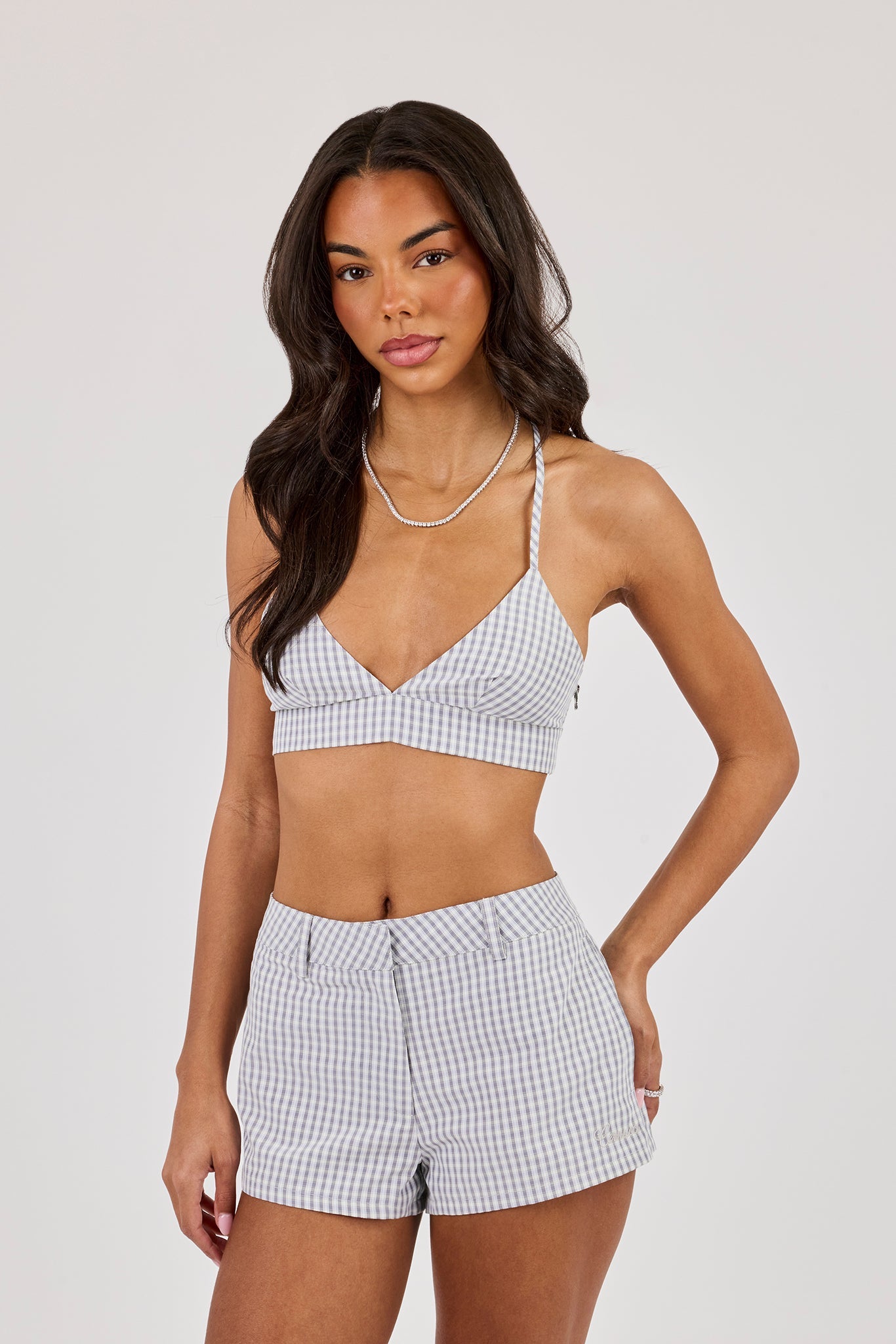 Check Print Triangle Bralet - Baby Blue