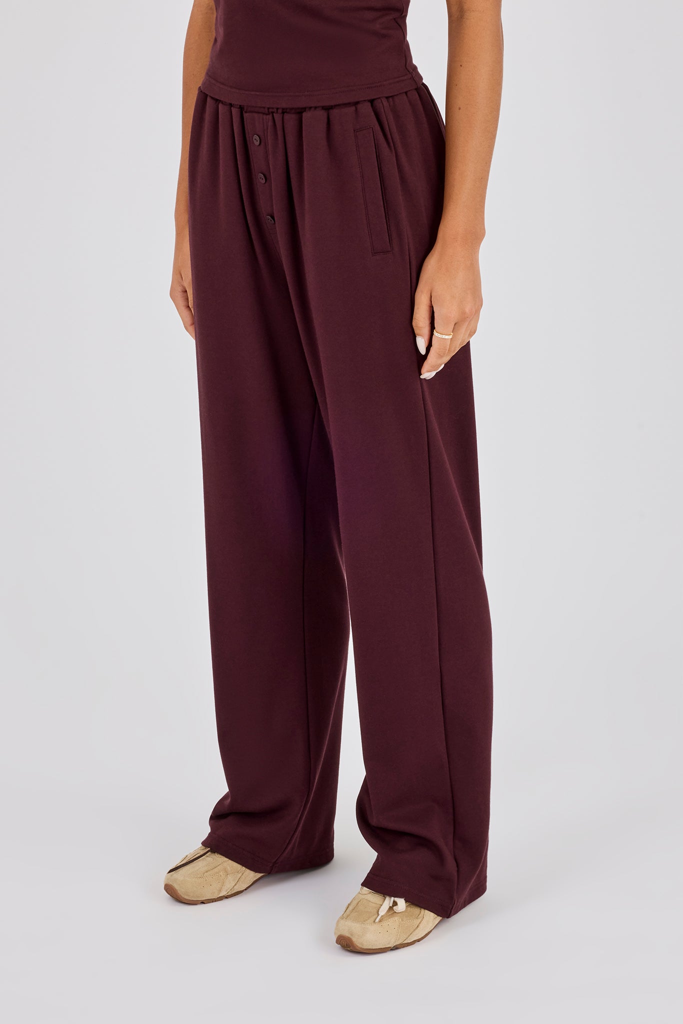 Soft Touch Button Detail Trouser - Burgundy