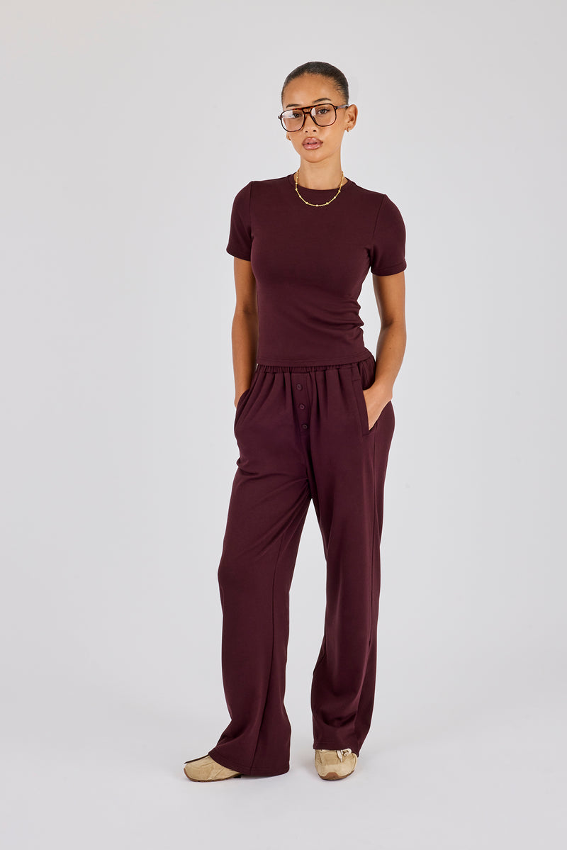 Soft Touch Button Detail Trouser - Burgundy
