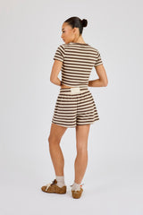 Soft Touch Double Stripe Short Sleeve Top & Short - Beige