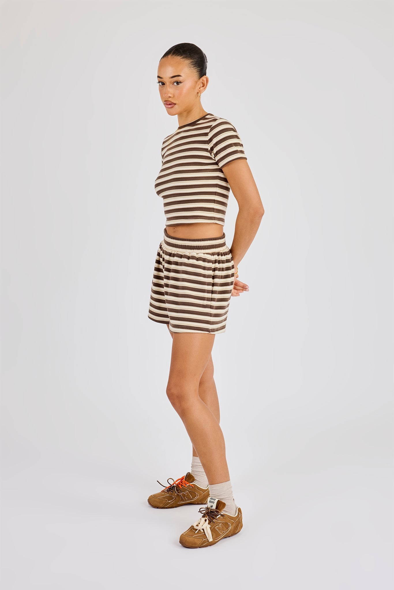 Soft Touch Double Stripe Short Sleeve Top & Short - Beige