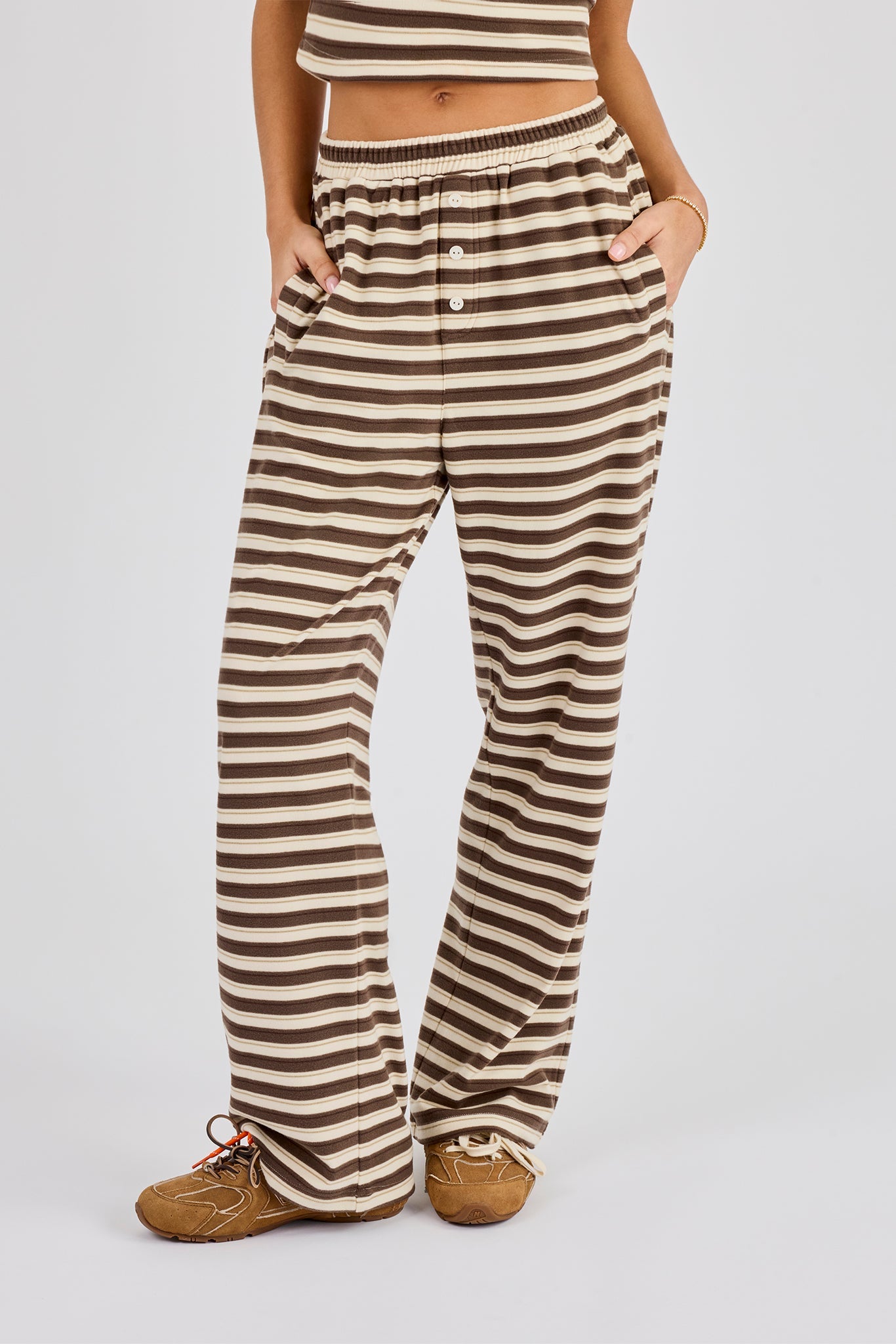 Stripe Soft Touch Button Detail Wide Leg Jogger - Beige