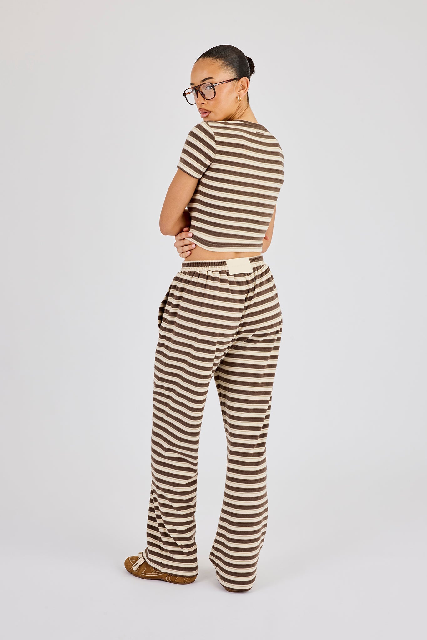 Soft Touch Double Stripe Short Sleeve Top & Trouser - Beige