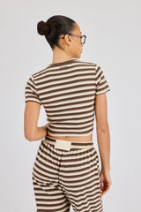 Soft Touch Double Stripe Short Sleeve Top - Beige