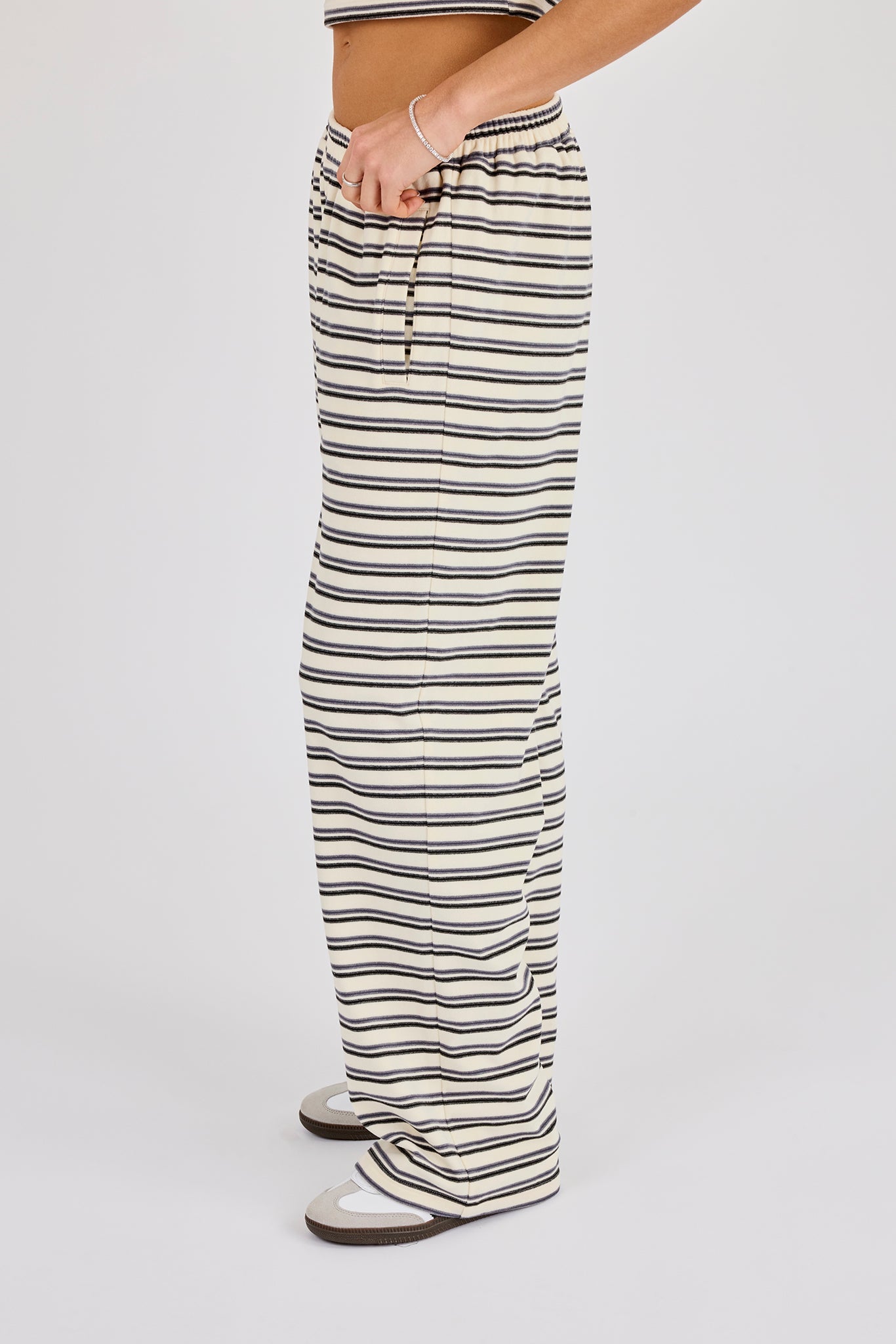 Stripe Soft Touch Button Detail Wide Leg Jogger -  Blue