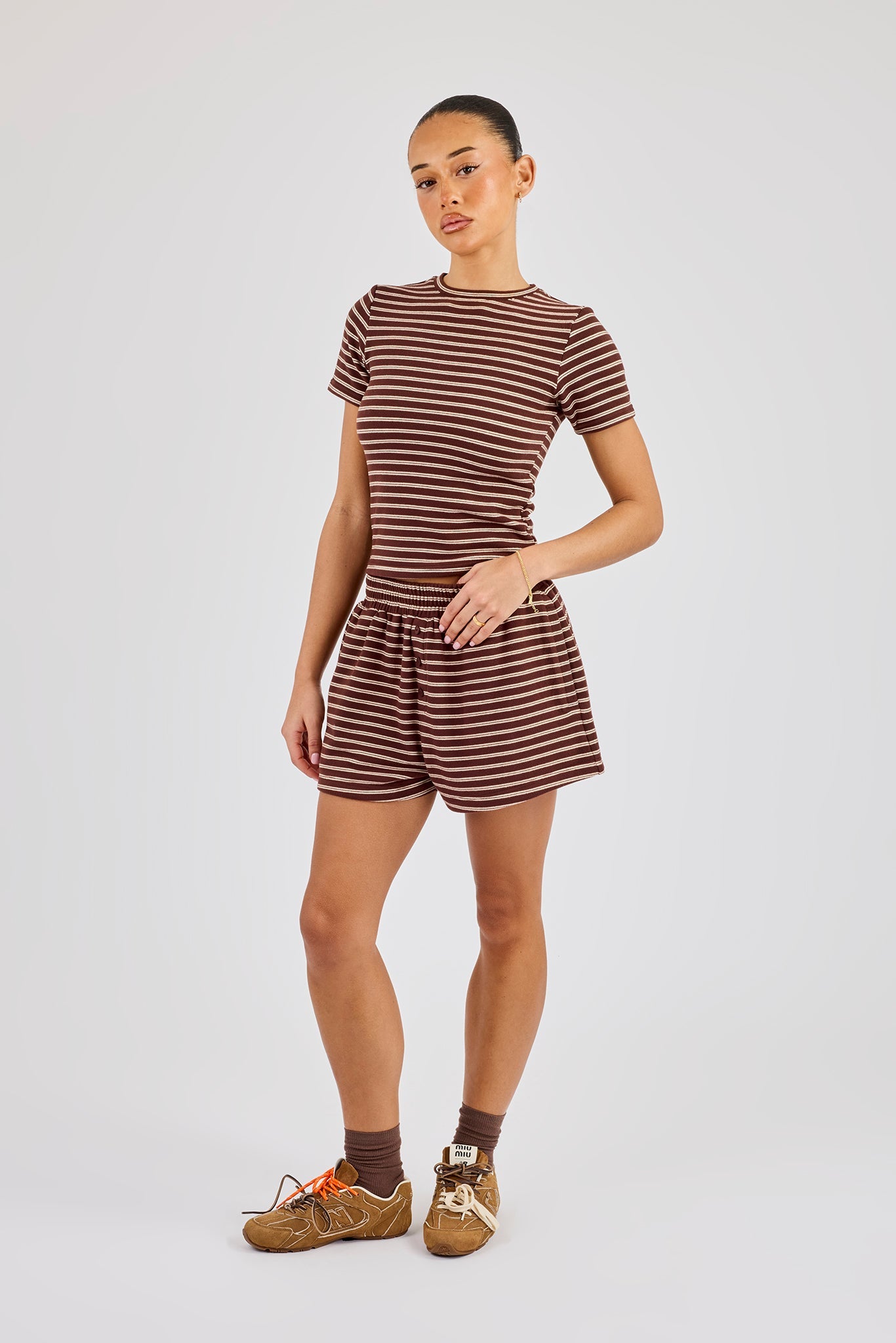 Soft Touch Double Stripe Short Sleeve Top & Short - Chocolate