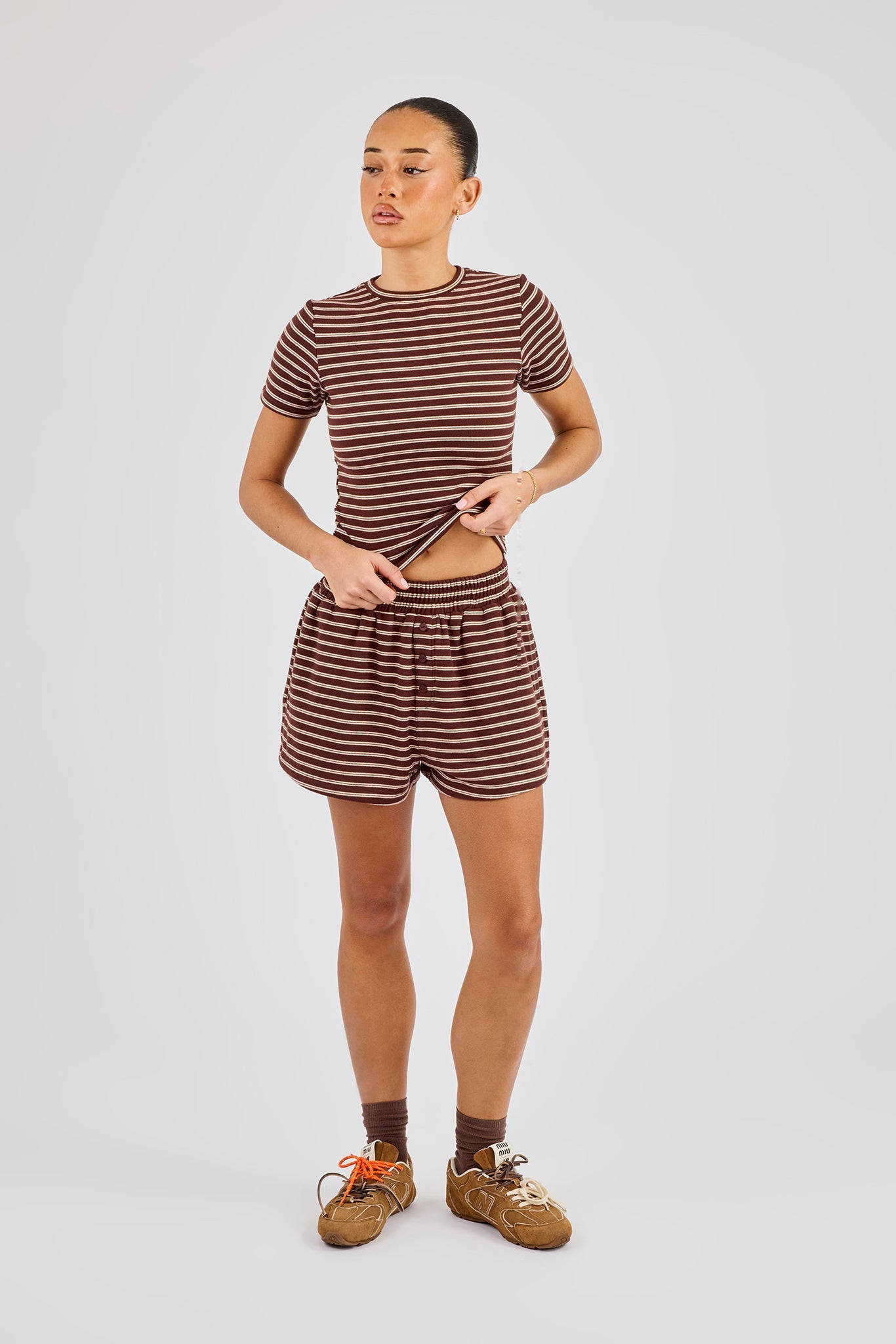 Soft Touch Double Stripe Short Sleeve Top & Short - Chocolate