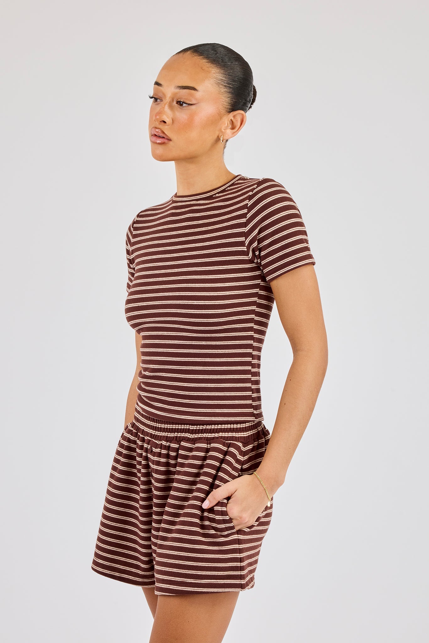 Soft Touch Double Stripe Short Sleeve Top - Chocolate