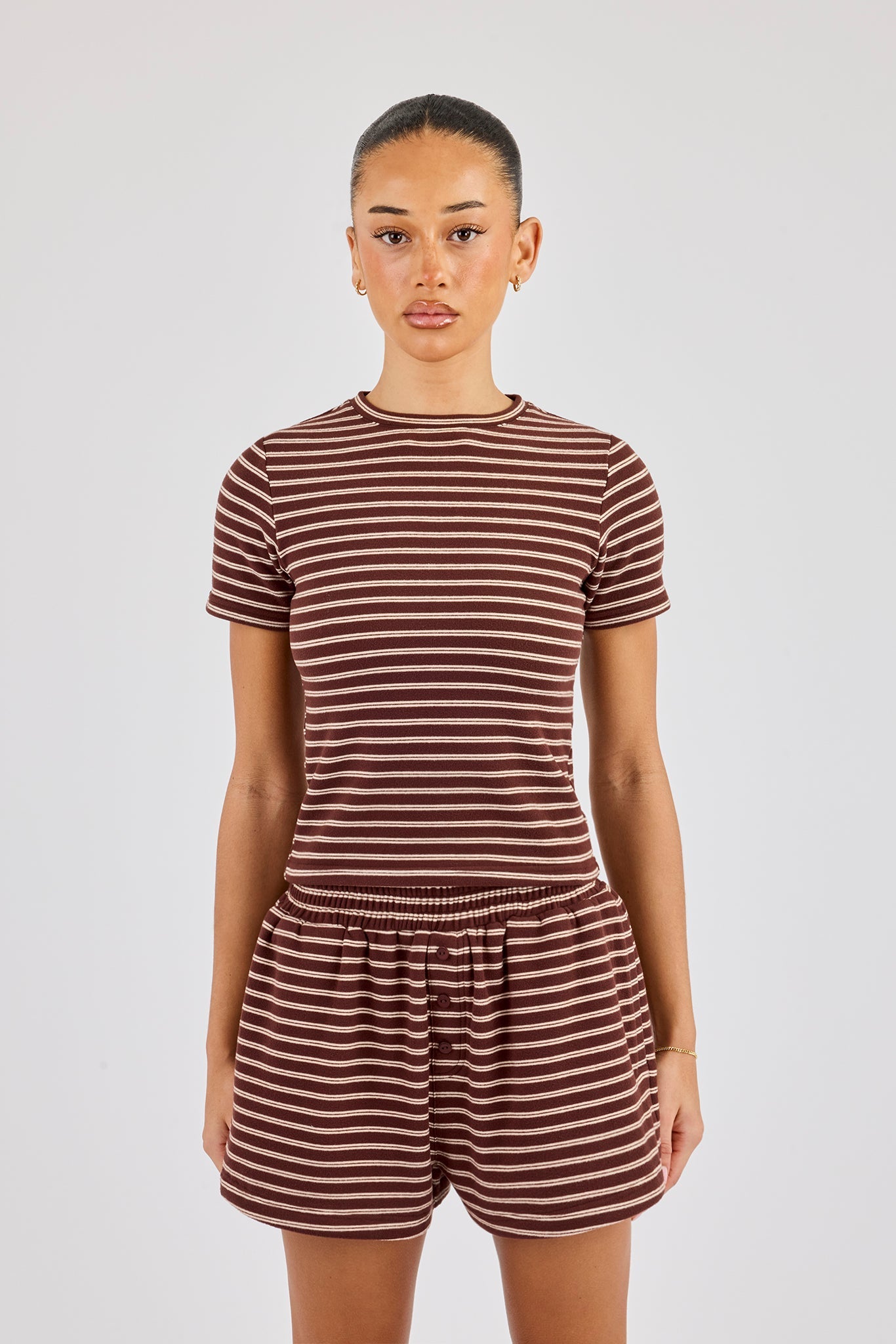 Soft Touch Double Stripe Short Sleeve Top - Chocolate