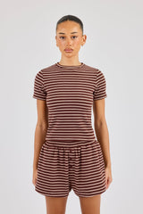 Soft Touch Double Stripe Short Sleeve Top - Chocolate