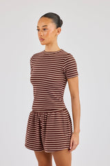 Soft Touch Double Stripe Short Sleeve Top - Chocolate