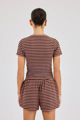 Soft Touch Double Stripe Short Sleeve Top - Chocolate