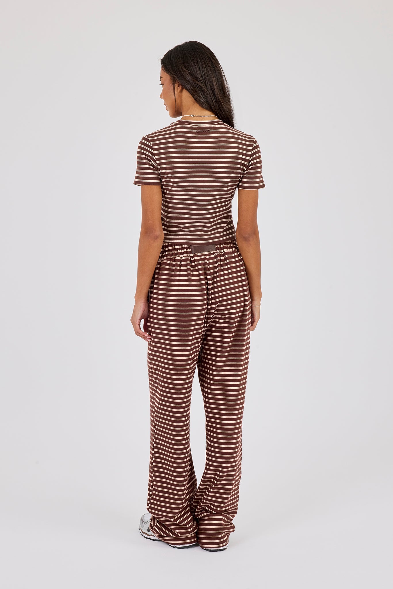 Soft Touch Double Stripe Short Sleeve Top & Button Detail Wide Leg Jogger - Chocolate