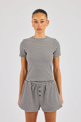 Soft Touch Double Stripe Short Sleeve Top - Grey