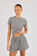 Soft Touch Double Stripe Short Sleeve Top - Grey