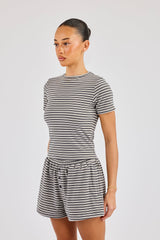 Soft Touch Double Stripe Short Sleeve Top - Grey