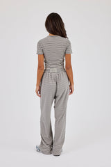 Soft Touch Double Stripe Short Sleeve Top & Button Detail Wide Leg Jogger - Grey